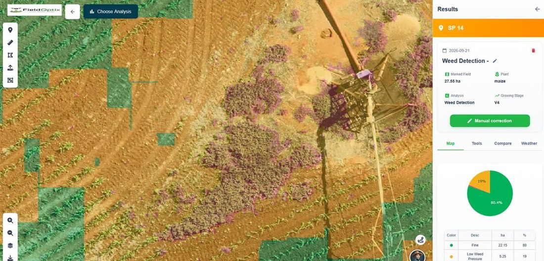 Weed detection map showing fine, low-pressure and high-pressure zones